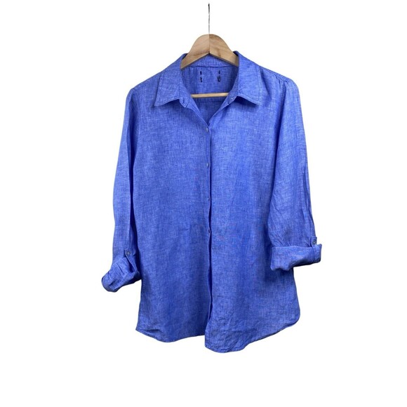 JNY Jones New York Womens Linen Button Down Shirt Sz Medium Blue Roll-Tab - Picture 1 of 11